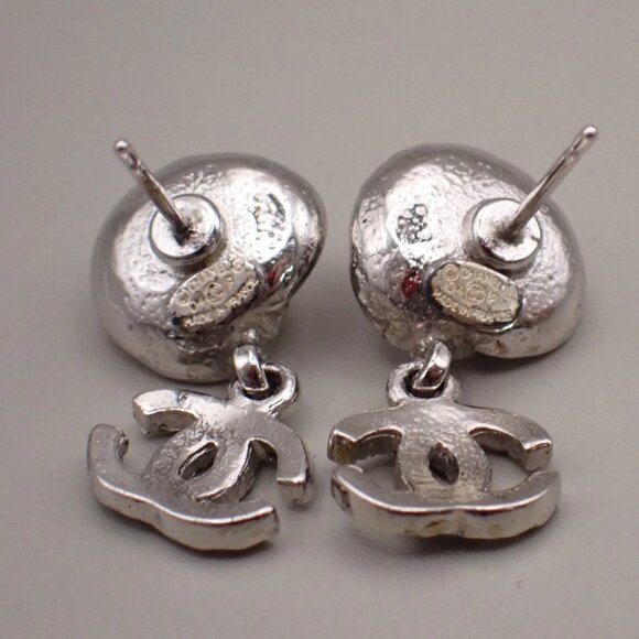 CHANEL CC Logo Rhinestone Camelia Piercing Earring 04P Silver France 38RF516 - Picture 8 of 11